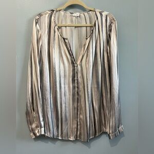 Ecru Beautiful 100% Silk Striped Long Sleeve Blouse Notched Vneck Button Up XL